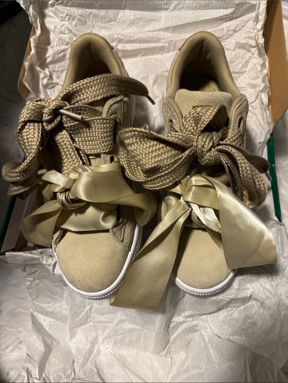 Puma Suede Heart Safari Beige Satin Bow Sneakers